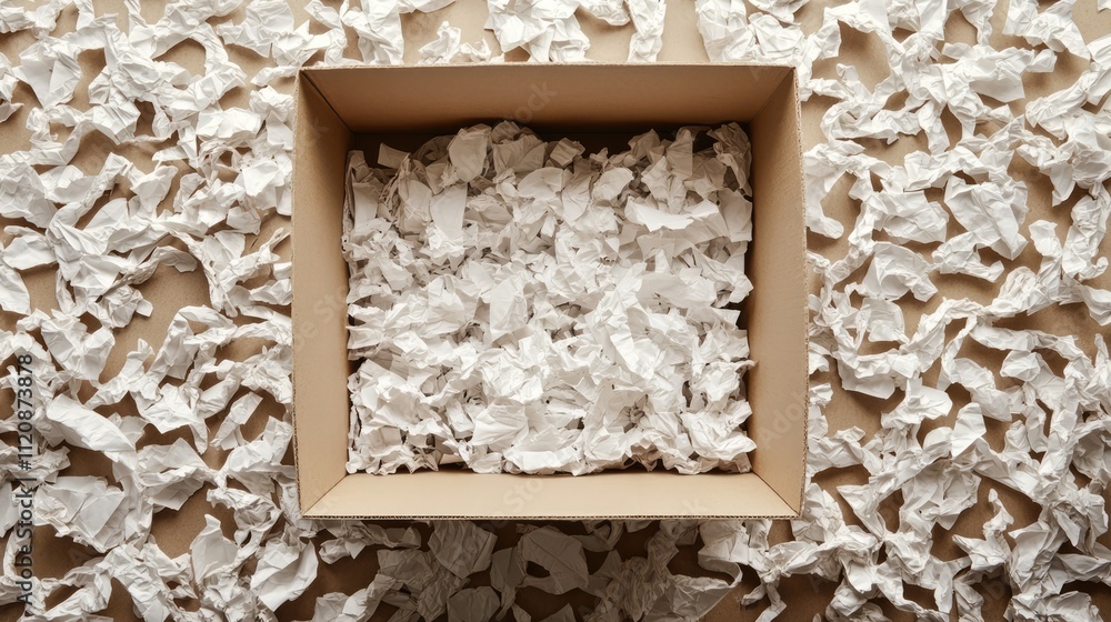 Poster top view of open cardboard box filled with crumpled paper packing material, surrounded by shredded p