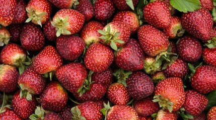 Red strawberries arranged in a flat lay pattern on a clean white background, highlighting textures and details of each berry, fresh produce, fruits, organic, vibrant colors.