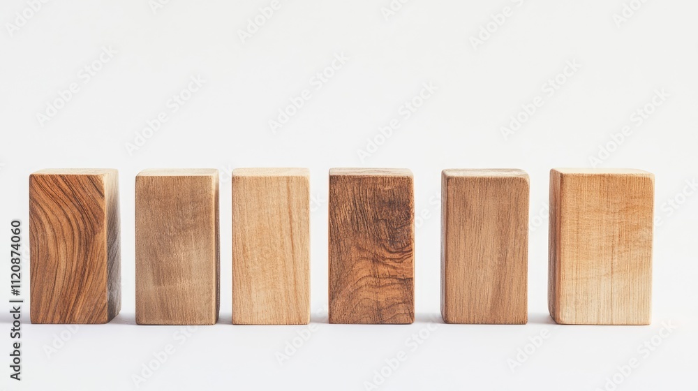 Aufkleber wooden blocks arranged in a row with one block standing out against a white background, representing