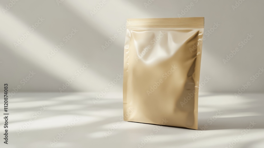 Poster mockup of a blank snack paper bag on a minimalistic background with soft shadows and natural light f