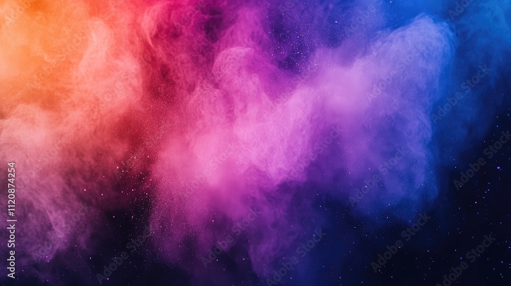 Poster vibrant multicolor powder explosion creating a dramatic cloud effect against a dark background with 