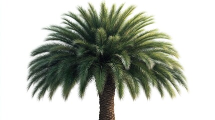 Lush green palm tree isolated on a clean white background, featuring detailed fronds and textured trunk, tropical, nature, botanical illustration.