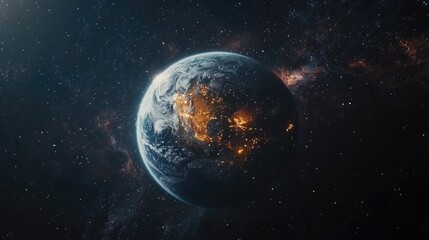 Panoramic view of Earth illuminated by city lights against a backdrop of stars and galaxies depicting the beauty of space exploration