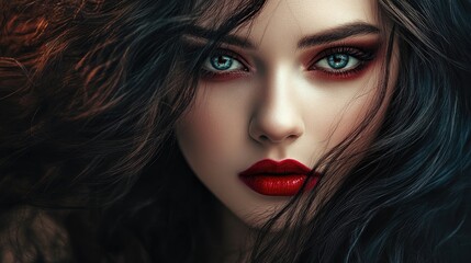 Fototapeta premium Enchanting vampire beauty portrait of a stunning brunette woman with striking blue eyes and dramatic makeup in a dark, atmospheric setting