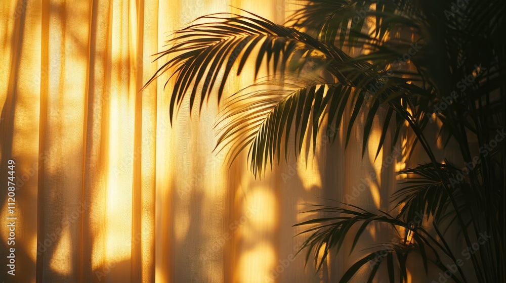 Aufkleber golden hour light casting palm tree shadows on sheer drapes creating a serene and warm atmosphere in