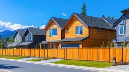Contemporary wooden homes with front fences in a new residential area showcasing construction and modern architecture.