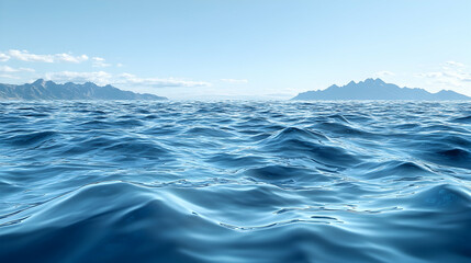 Fototapeta premium Calm ocean waves with distant mountains under a clear blue sky.