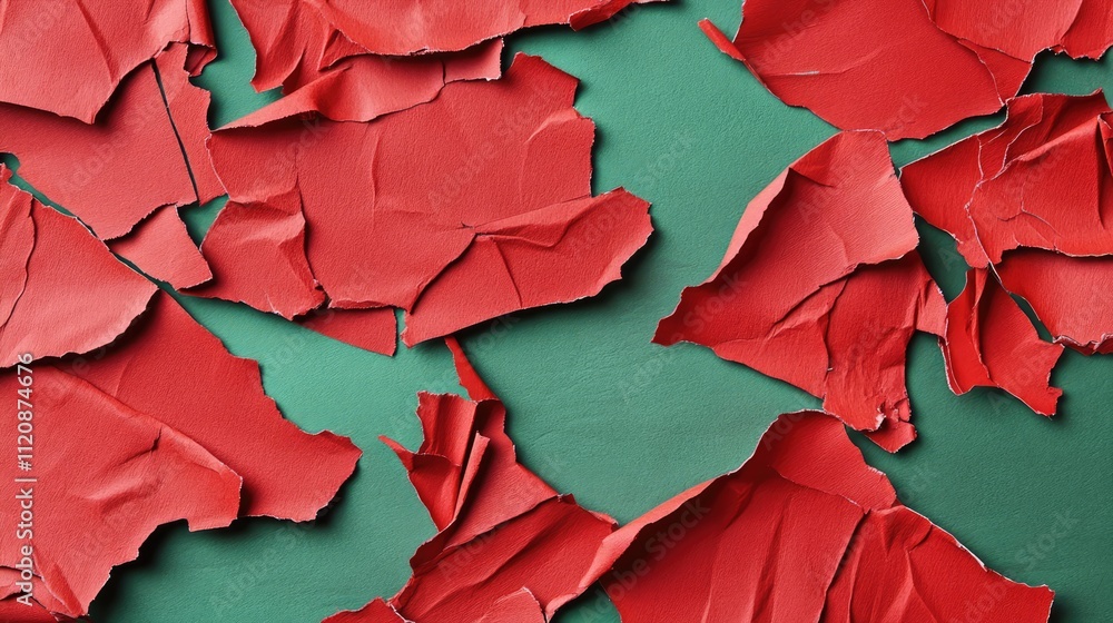 Aufkleber red torn paper pieces arranged over a green background, creating a textured surface with ample copy 