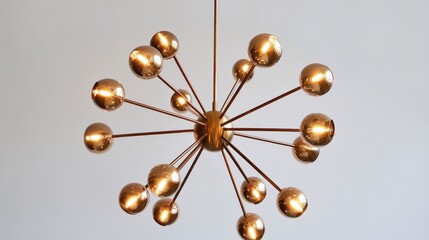 Obraz premium Modern copper chandelier with bubble metal design and gold brass shades providing elegant lighting for contemporary interiors