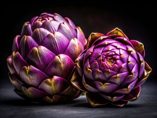 Fototapeta premium Purple Artichoke Still Life Fashion Photography - Black Background, Elegant Food Styling