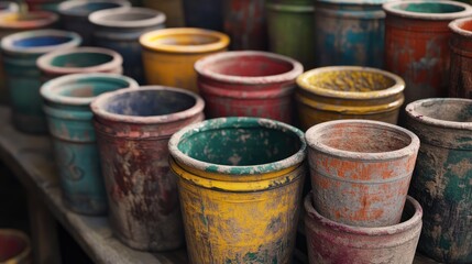 Colorful vintage paint pots stacked in a creative workspace showcasing artistic tools and rustic charm for artistic inspiration and projects.