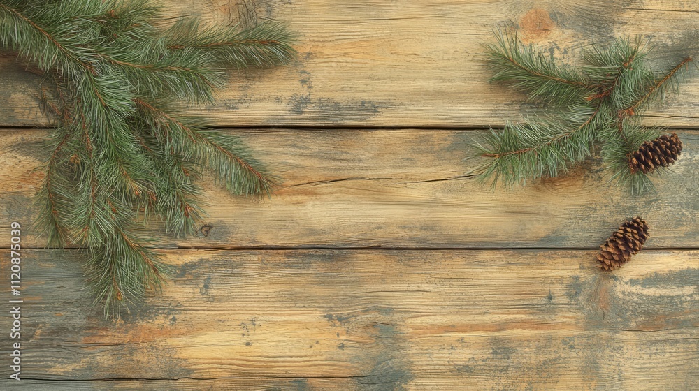 Poster rustic wooden background with pine branches and cones creating a natural festive atmosphere for seas