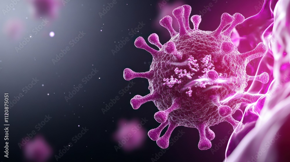 Poster 3d rendering of a virus, illustrating its structure and features.