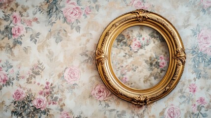 Elegant oval golden picture frame displayed on vintage floral wallpaper with soft pastel colors and intricate details