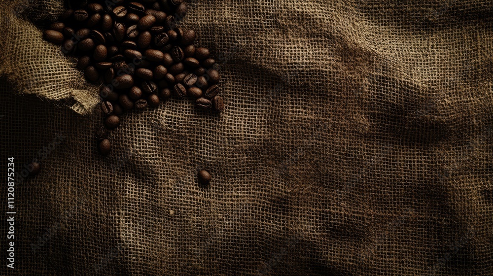 Poster burlap texture with scattered coffee beans creating a rustic and warm background for culinary or bev