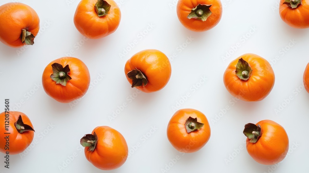 Poster persimmons arranged on a clean white background creating a vibrant and visually appealing flat lay c