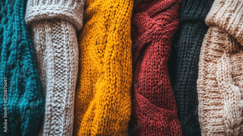 Poster overhead view of colorful knitted sweaters arranged in a cozy and warm background ideal for autumn a
