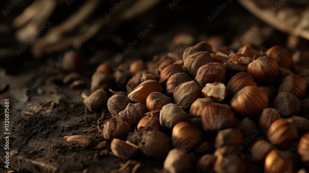 Poster natural raw hazelnut kernels scattered on rustic wooden background showcasing their texture and orga