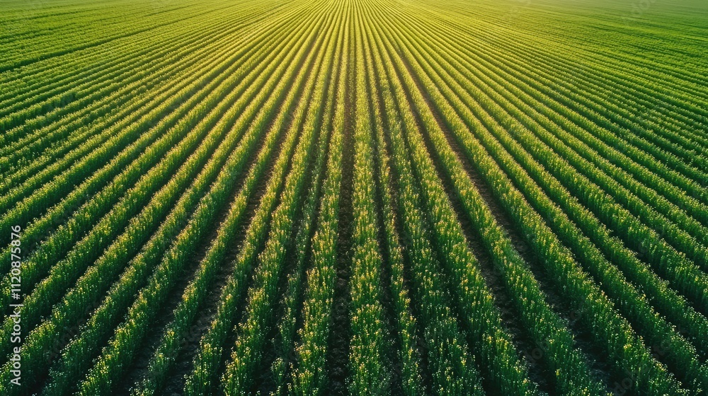 Poster aerial view of vibrant flowering canola fields with distinct crop rows under sunlight showcasing agr