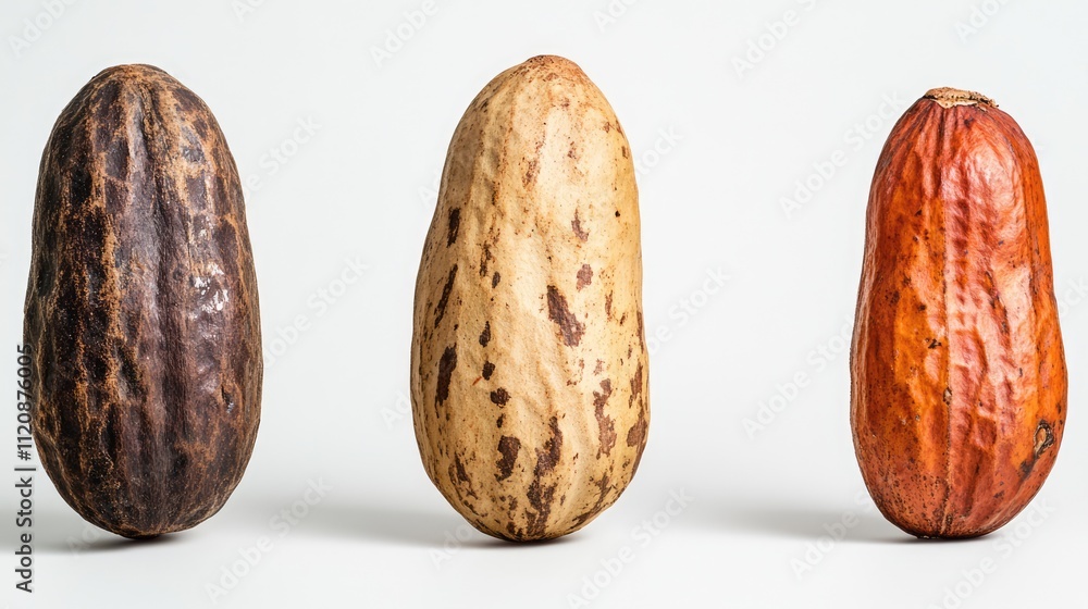 Poster peanuts displayed in a row against a clean white background, highlighting textures and colors of dif