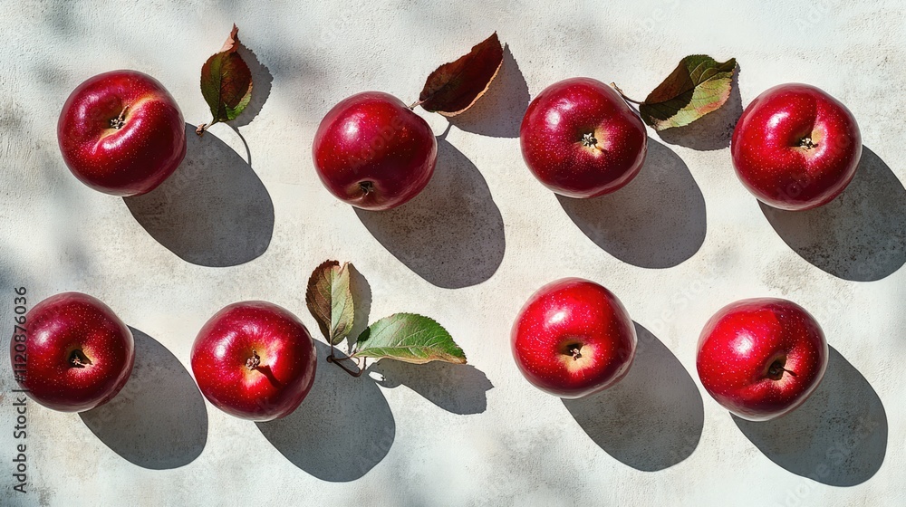 Poster fresh red apples arranged aesthetically on a neutral background with natural shadows and leaves for 