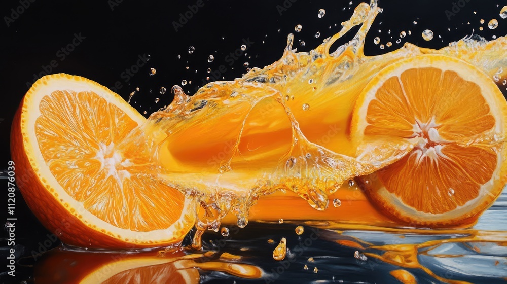 Poster refreshing orange juice splash with vibrant citrus halves creating a dynamic visual in a dark settin