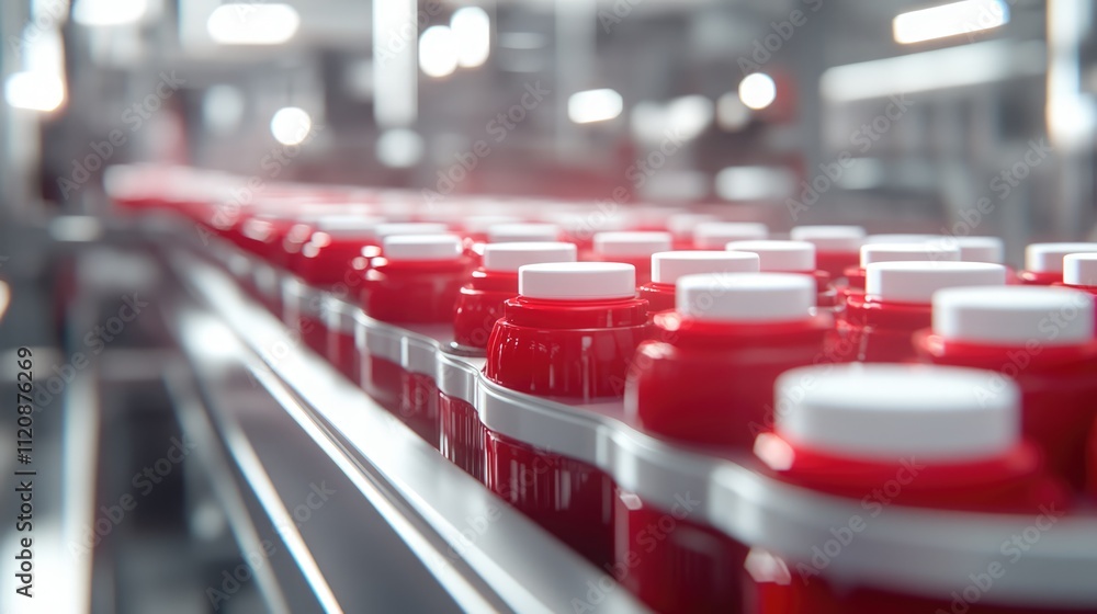 Aufkleber red plastic containers on a conveyor belt in a modern production line in a factory setting highlight