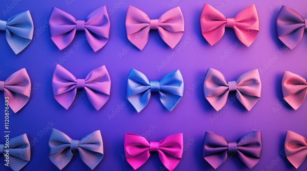 Poster colorful assortment of fabric bows arranged in a grid pattern on a vibrant purple background for cre