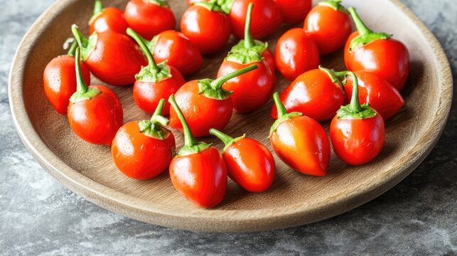 Fresh Peppadew peppers arranged in a wooden bowl, vibrant red color, glistening surface, emphasizing their sweet and piquant flavor profile, food, cooking, ingredients.