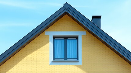 Modern gable roof house exterior featuring yellow brick walls and a prominent window against a clear blue sky backdrop.