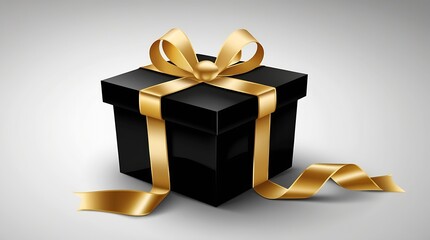 black gift box with gold ribbon isolated on white background