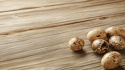 Quail eggs arranged on a rustic wooden table surface showcasing their natural texture and colors for culinary or farm-themed designs.