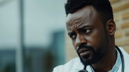 Obraz premium Professional African male doctor contemplating in hospital setting focused on healthcare service and patient care in Africa