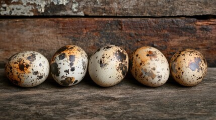Obraz premium Quail eggs arranged artistically on a rustic wooden surface showcasing their unique speckled patterns and natural textures