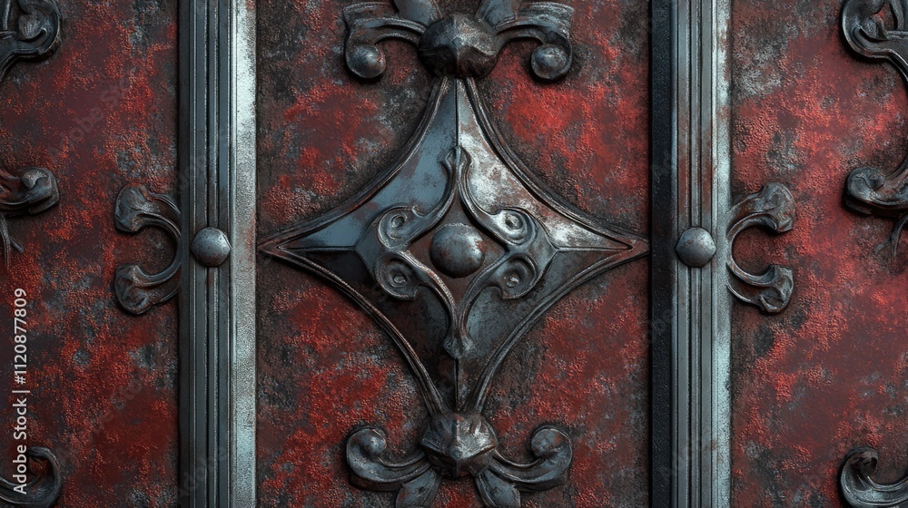 Poster decorative antique metal texture with intricate patterns and a weathered painted finish for artistic
