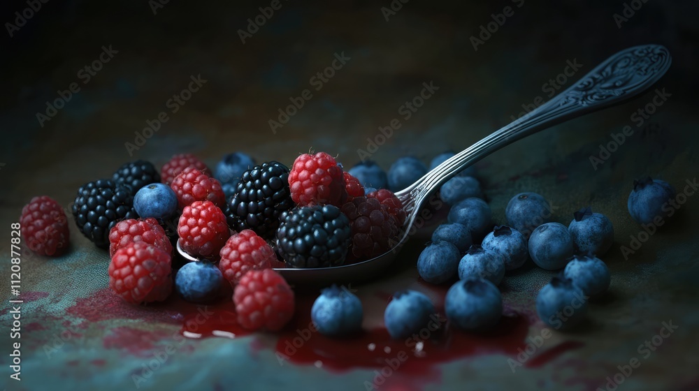 Poster assorted berries with a vintage soup spoon on a dark textured surface creating an elegant and moody 