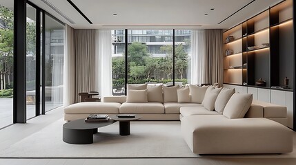 A clean, modern living room featuring a beige sectional sofa, minimalist open shelving, and floor-to-ceiling glass walls offering a view of a serene garden.