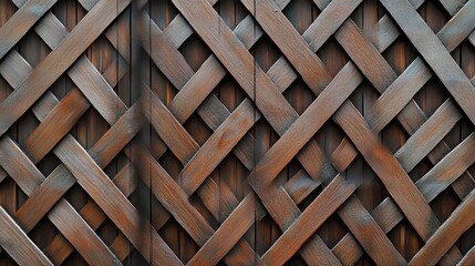 Intricate lattice pattern of a dark brown wooden fence creating a rustic and textured background for various design applications