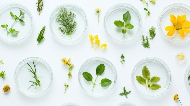 Petri dishes displaying various plants and herbs alongside a cosmetic product on a clean white backdrop for botanical skincare concepts