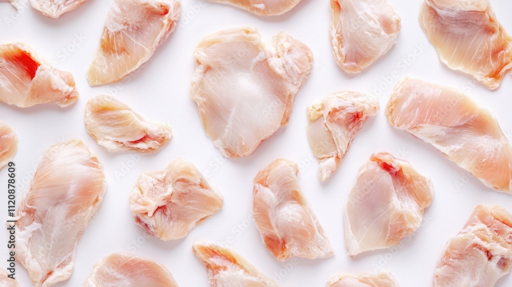 Poster raw chicken pieces on a white background arranged in a neat pattern highlighting freshness and quali