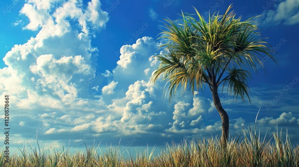 Poster pandanus tree standing alone under a vibrant blue sky with fluffy clouds creating a serene and pictu