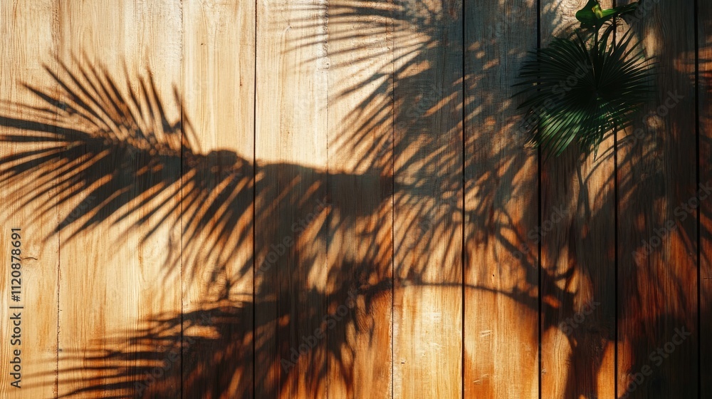 Poster palm tree shadow creating intricate patterns on a rustic wooden wall during golden hour light.