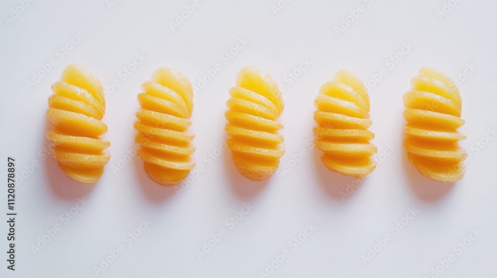 Poster Sliced yellow potatoes arranged in a row featuring a spiral design on a white background