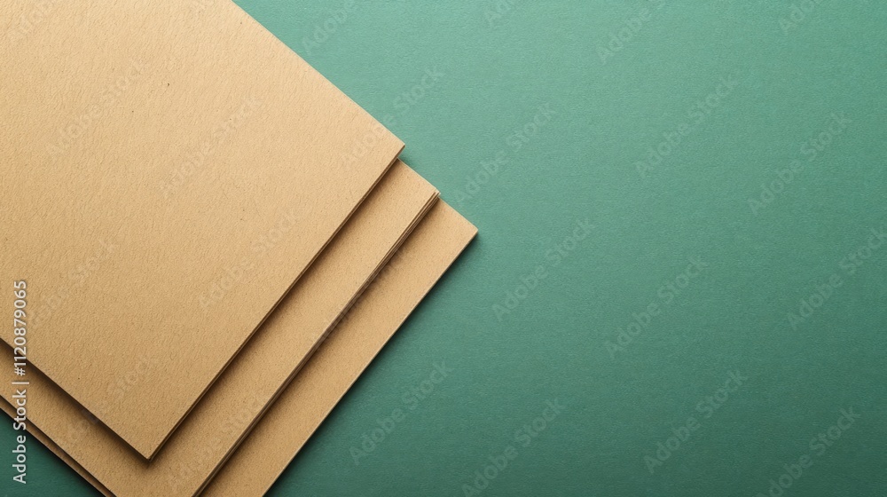Poster raw mdf boards stacked on a green backdrop showcasing texture and composition for design and constru