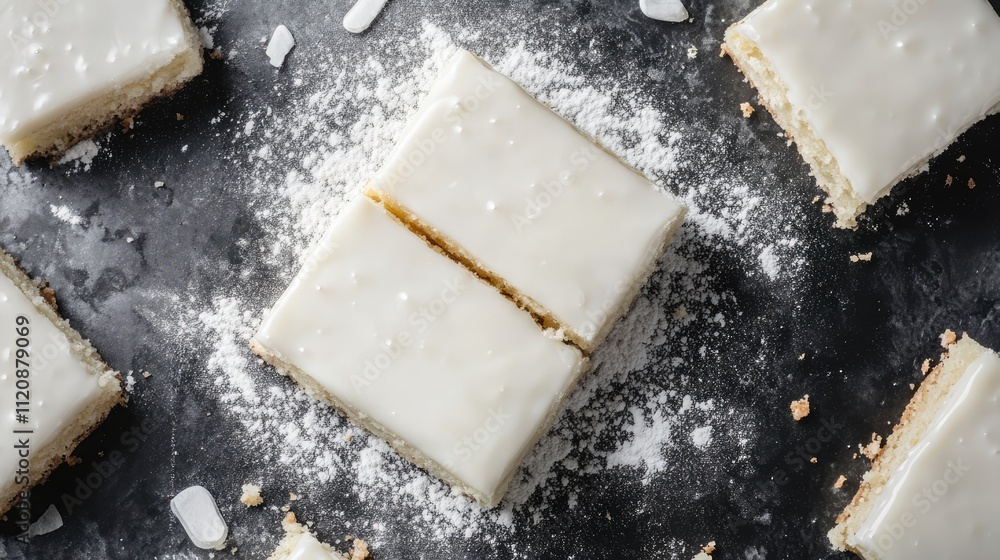Poster overhead view of textured glazed buttermilk bars arranged on a black surface with powdered sugar for