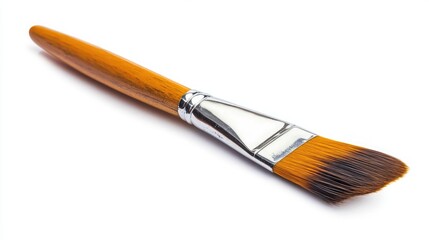 Fototapeta premium Artistic paintbrush with wooden handle and flat bristles isolated on clean white background for creative design and art projects.