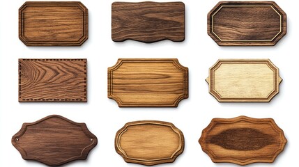 Assortment of premium quality wooden labels featuring retro vintage designs, isolated on a white background, showcasing various shapes and wood textures for craft and branding use. Tags, signage, deco