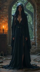 Naklejka premium A beautiful witch in a black, torn cloak stands in a candlelit castle room, with snakes crawling at her feet