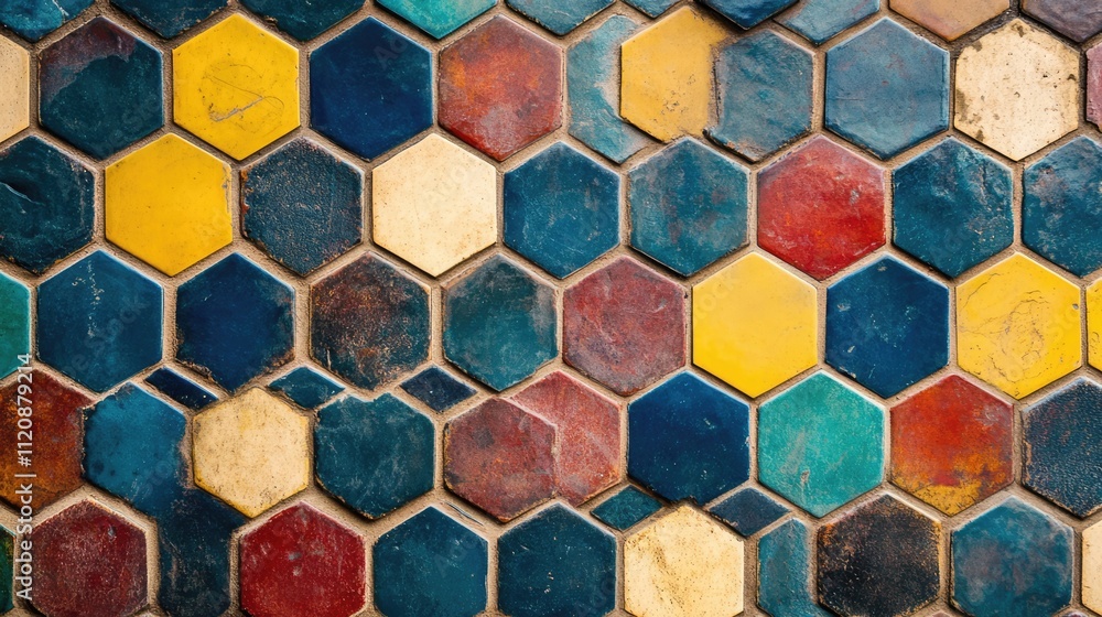 Poster colorful hexagonal tile pattern on outdoor floor creating an artistic and vibrant textured backgroun
