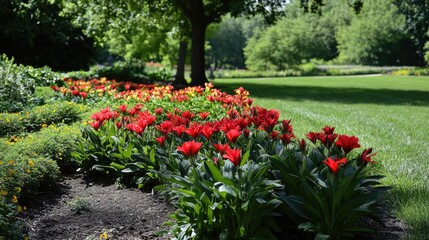Vibrant red alstroemeria flowers blooming in lush garden beds surrounded by green foliage in a peaceful park setting